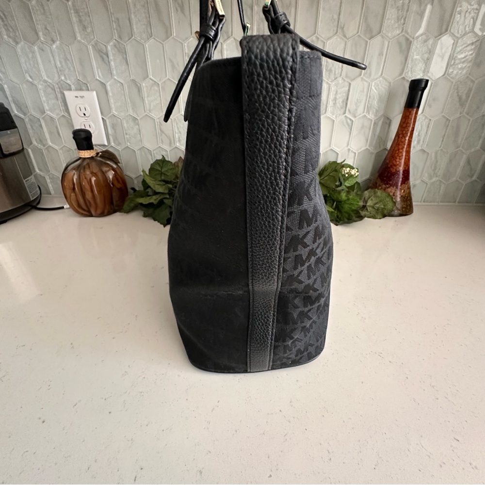 Michael Kors Black Logo Canvas Tote Bag Pebbled Leather Trim Gold - Picture 9 of 9